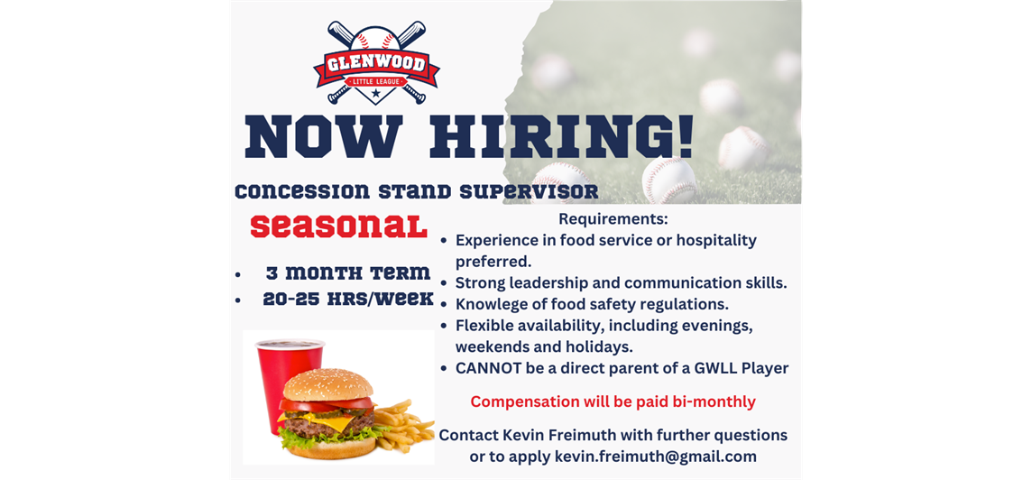 Now Hiring- Concession Stand Supervisor
